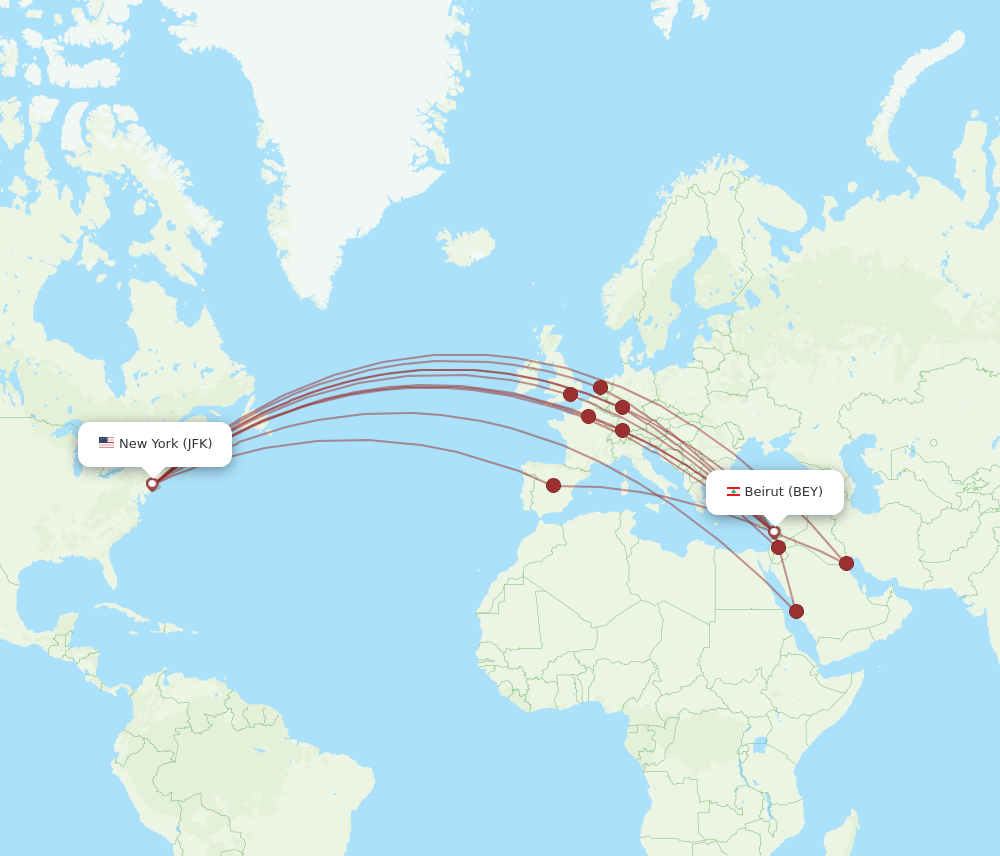 JFK to BEY flights and routes map
