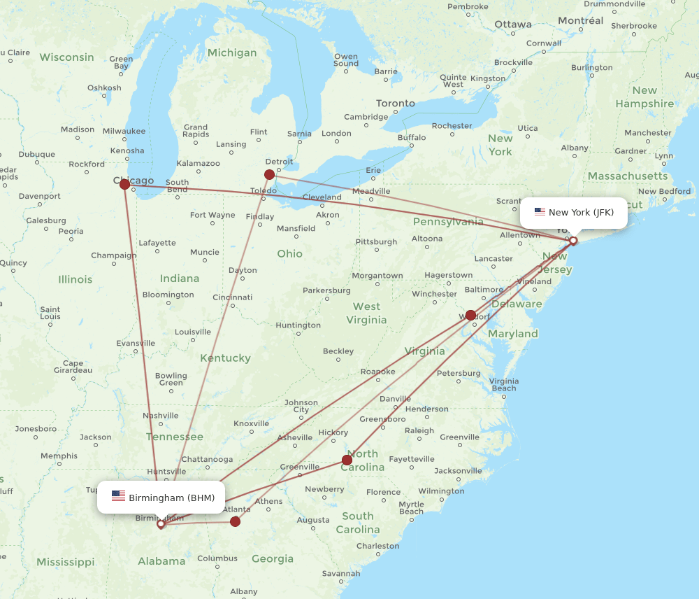 JFK-BHM flight routes