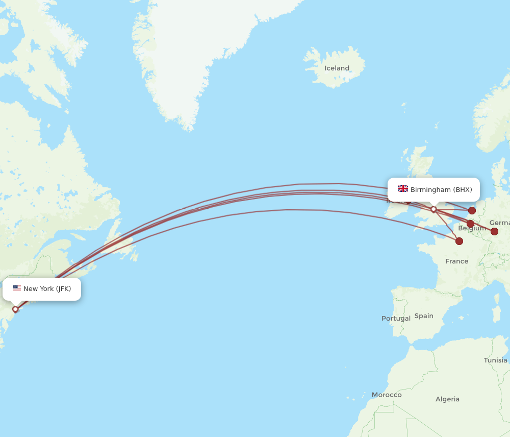 JFK to BHX flights and routes map