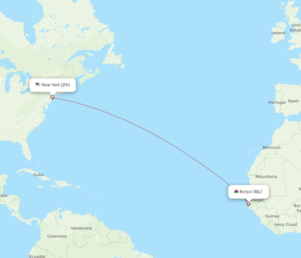 New York - Banjul route map and flight paths