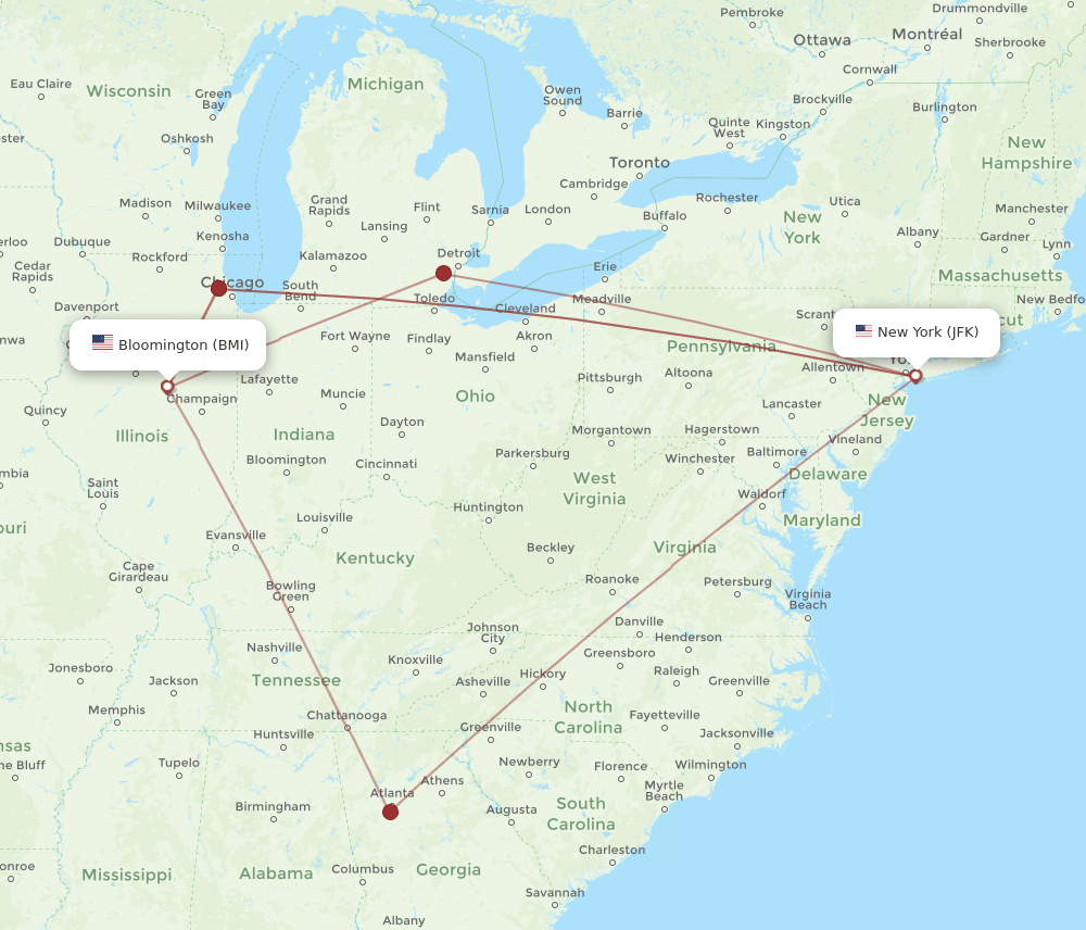 JFK to BMI flights and routes map