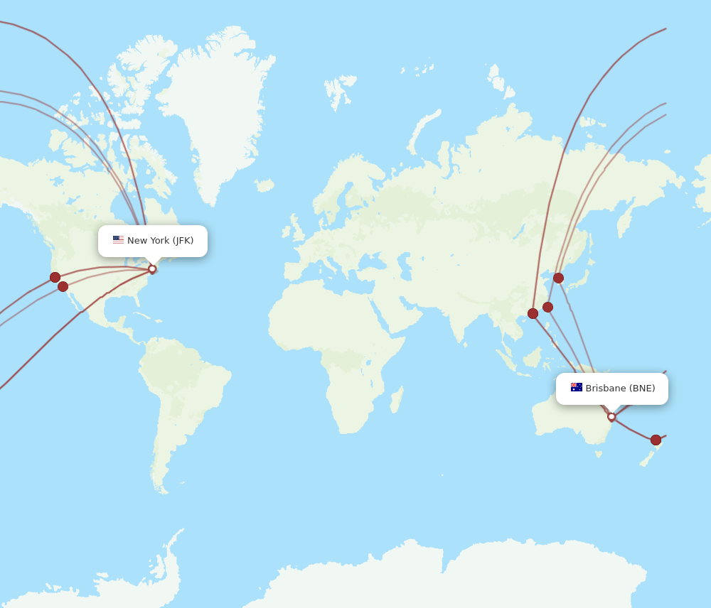 JFK to BNE flights and routes map