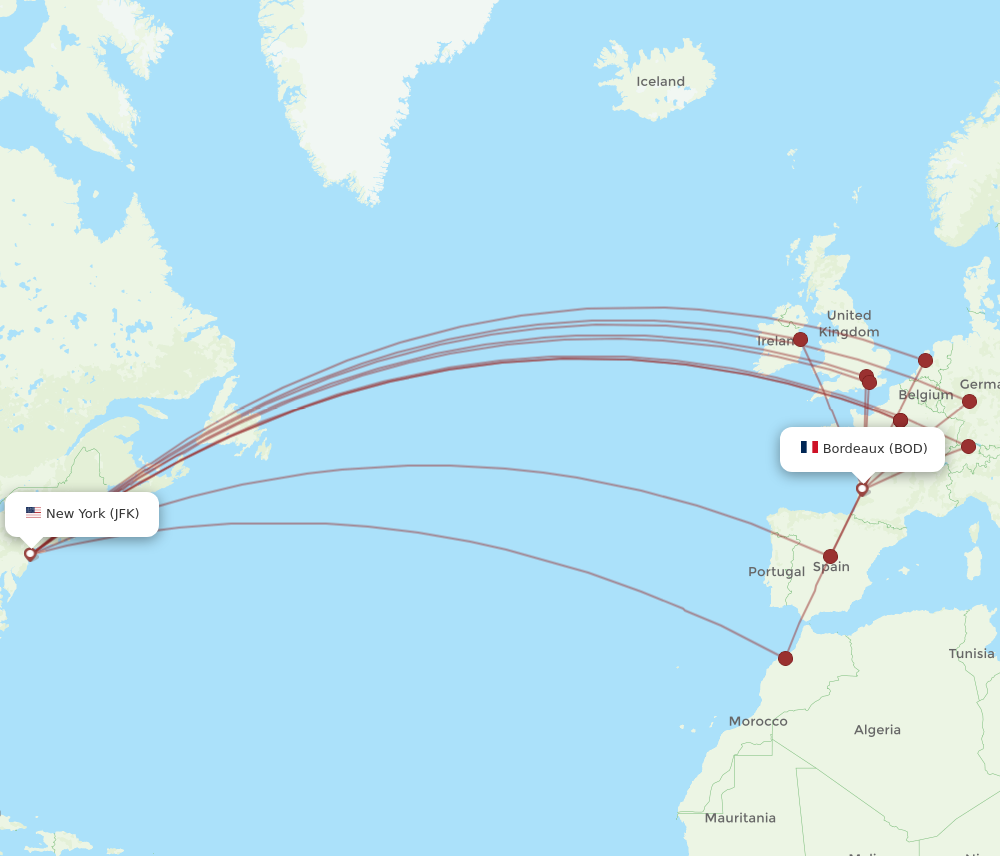 JFK to BOD flights and routes map