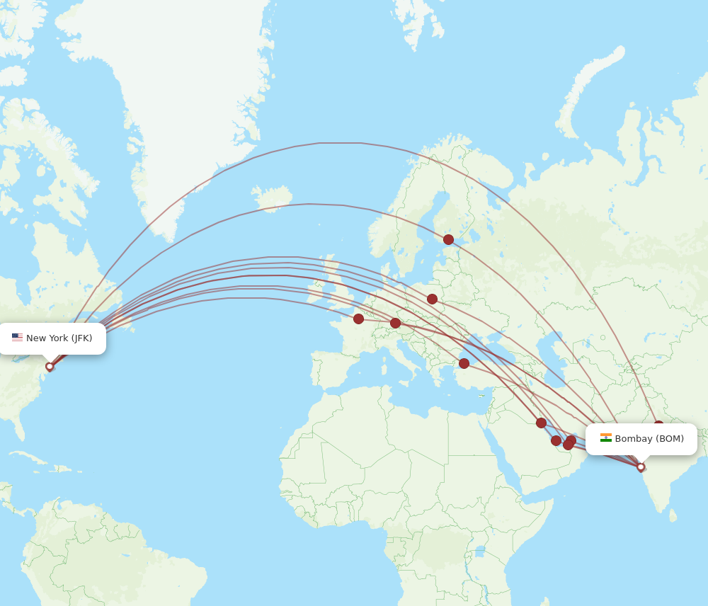 JFK to BOM flights and routes map