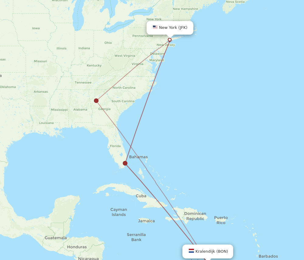 JFK to BON flights and routes map