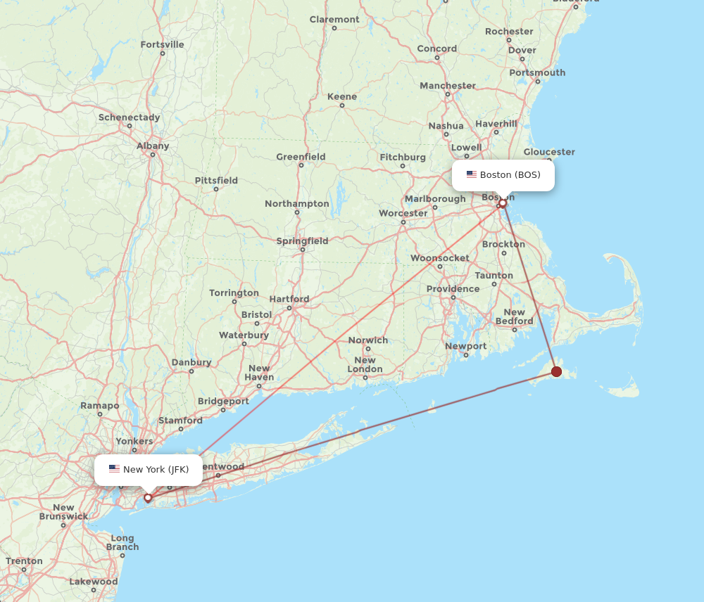 JFK to BOS flights and routes map