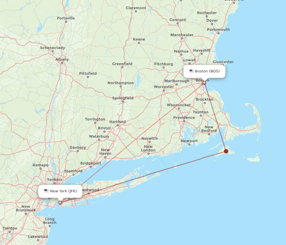 JFK to BOS flights and routes map