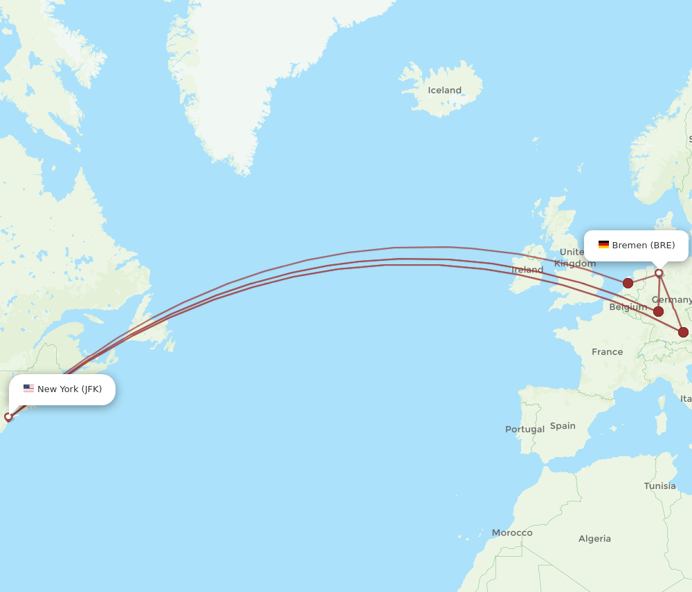JFK to BRE flights and routes map