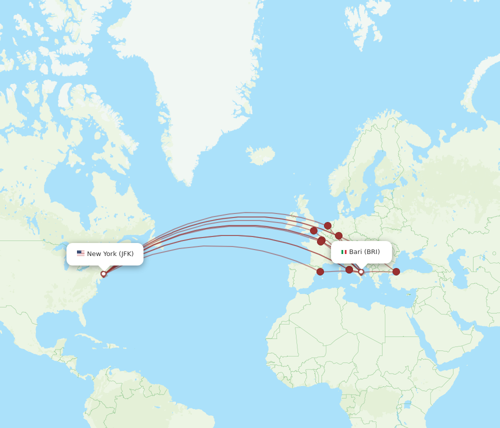 JFK to BRI flights and routes map