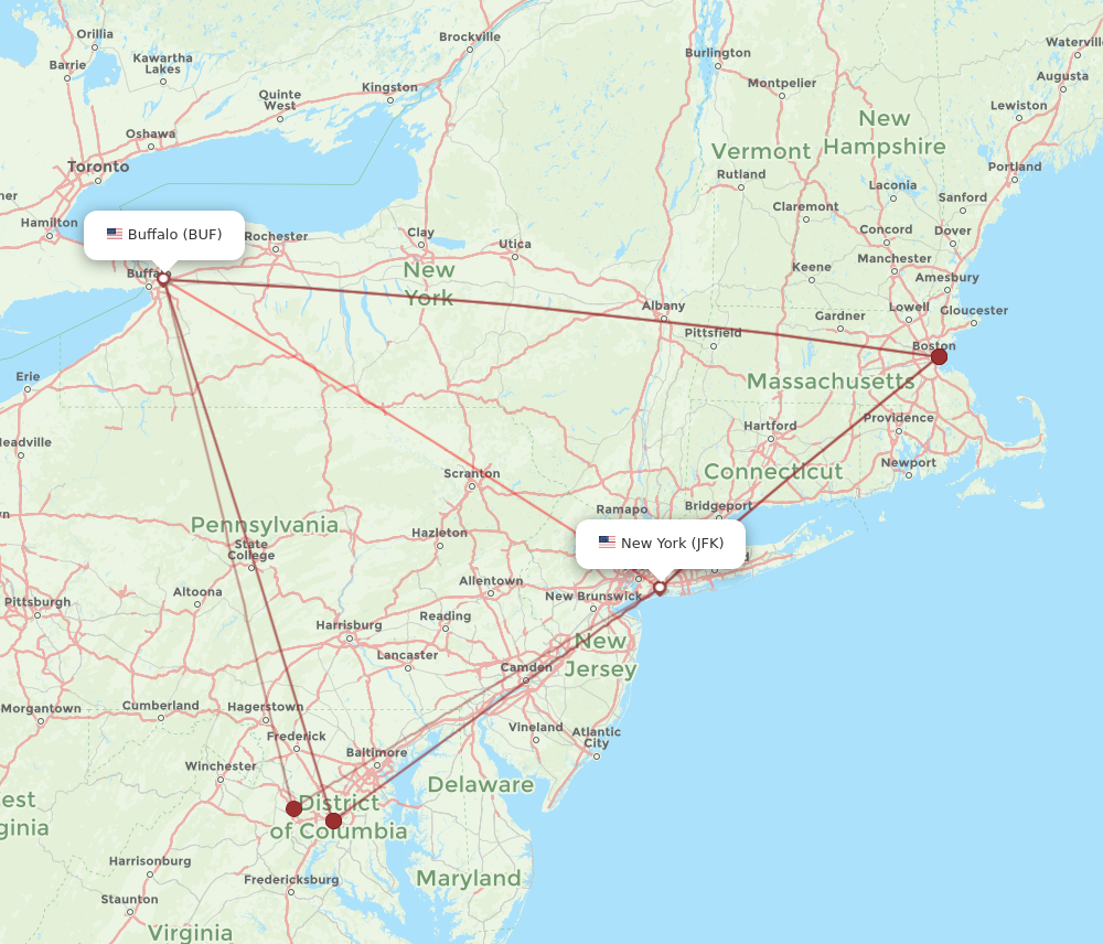 JFK to BUF flights and routes map