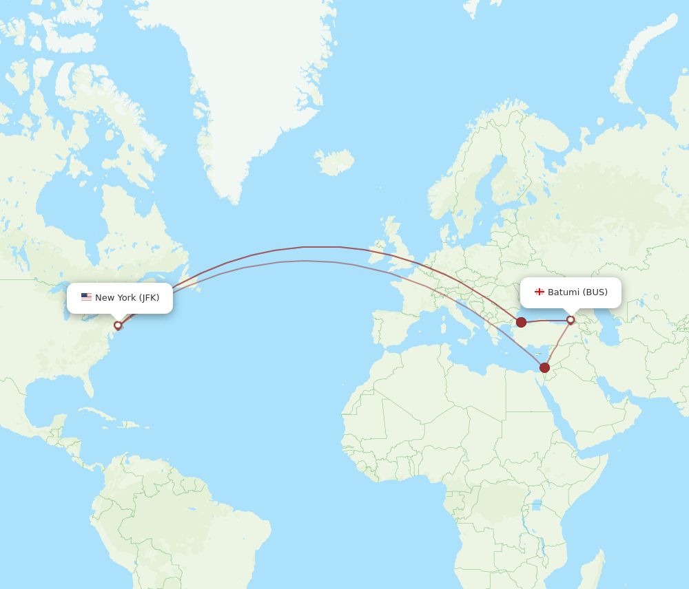 JFK to BUS flights and routes map