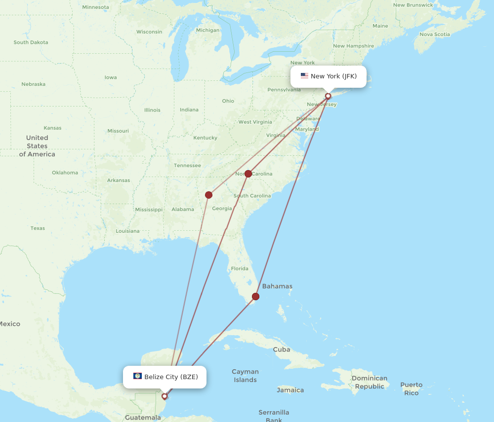 JFK to BZE flights and routes map
