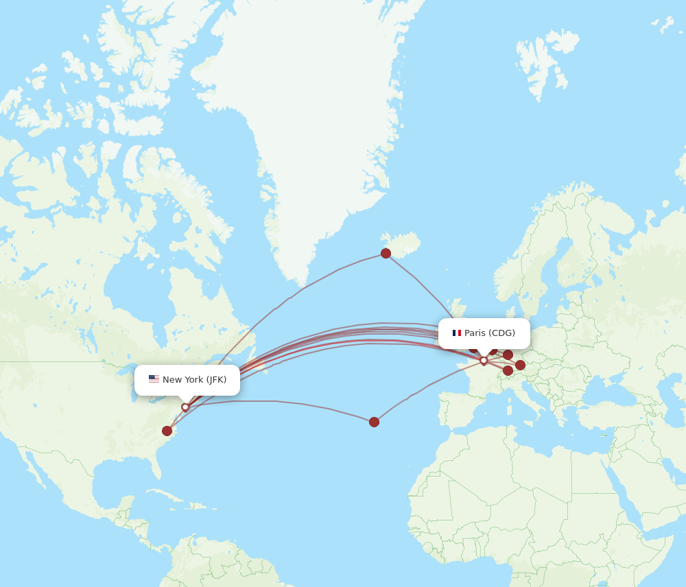 JFK to CDG flights and routes map