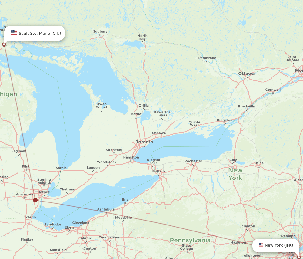 JFK to CIU flights and routes map