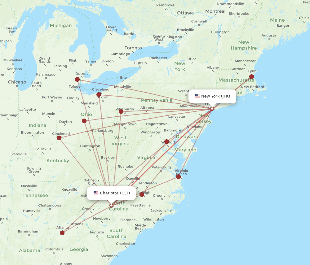 JFK to CLT flights and routes map