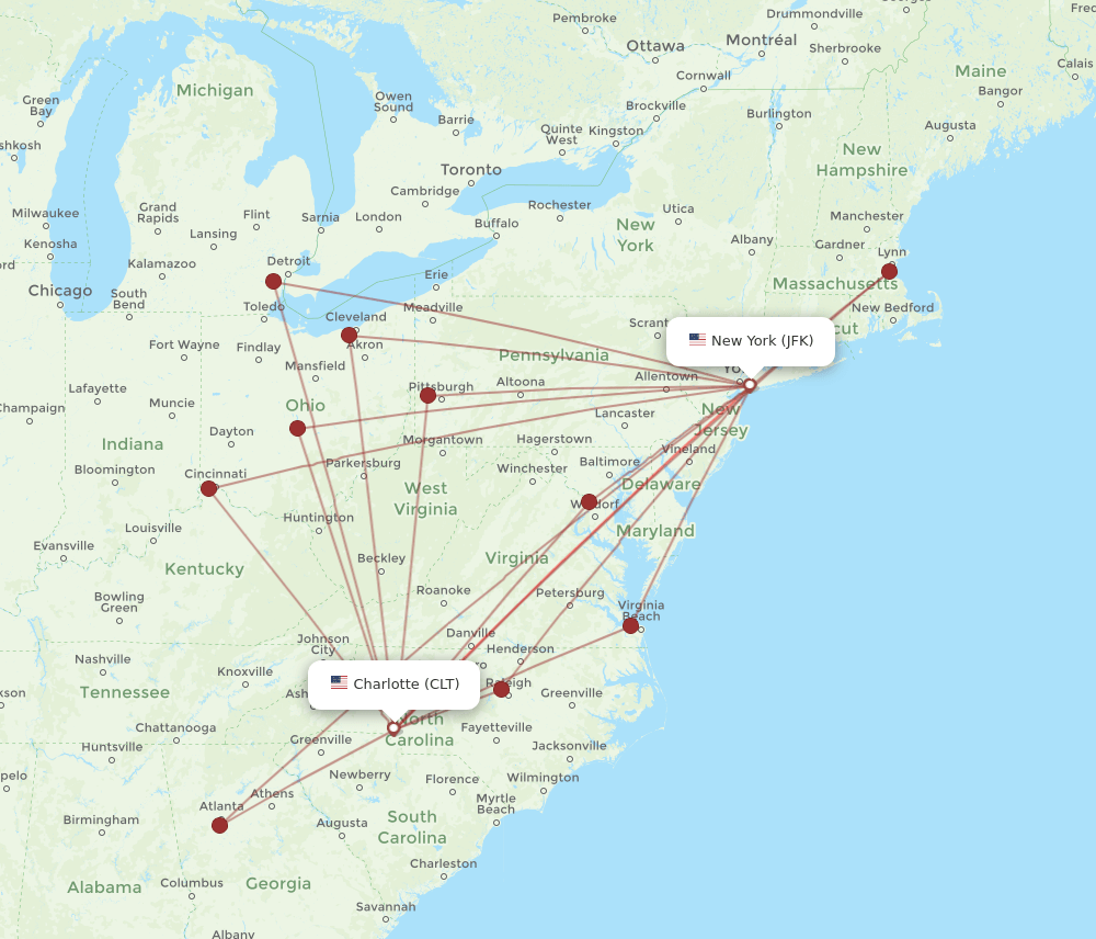 JFK to CLT flights and routes map