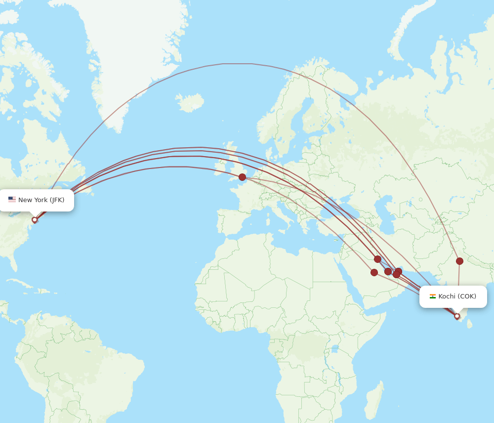 JFK to COK flights and routes map