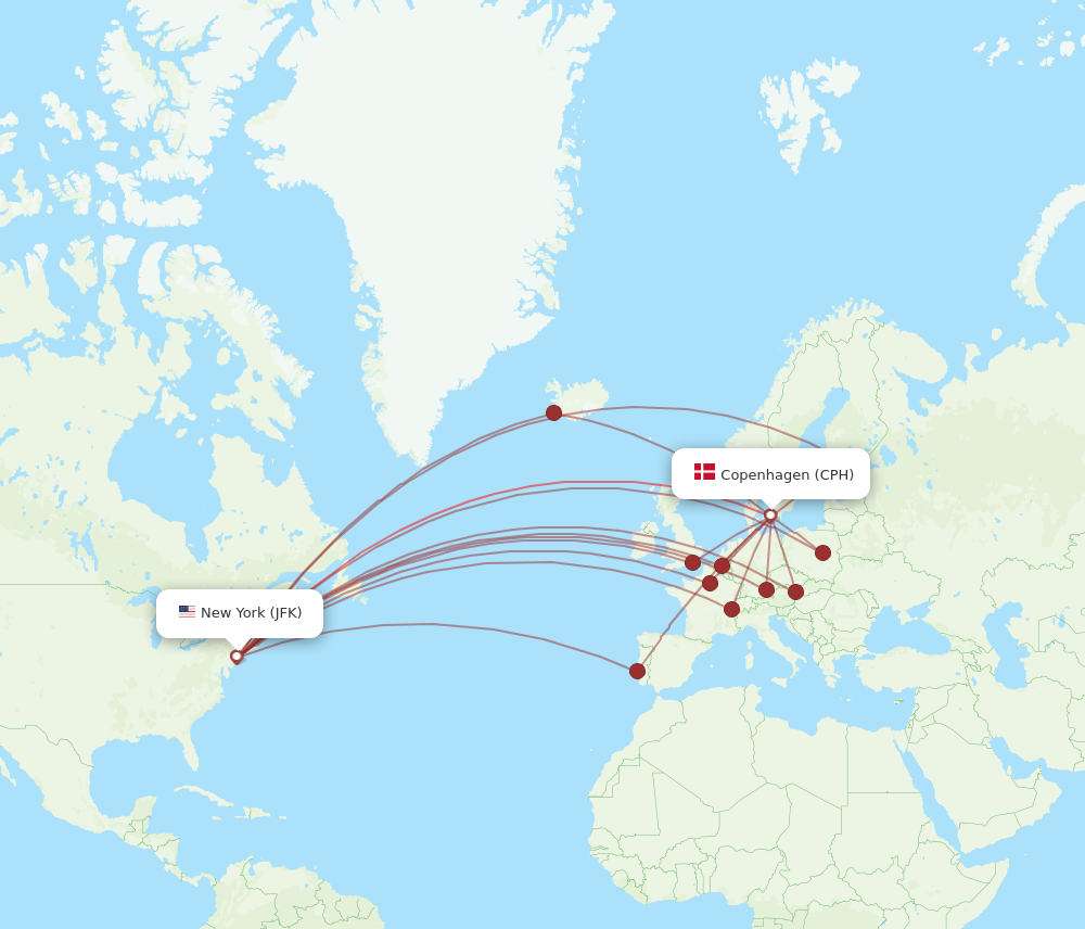 JFK to CPH flights and routes map