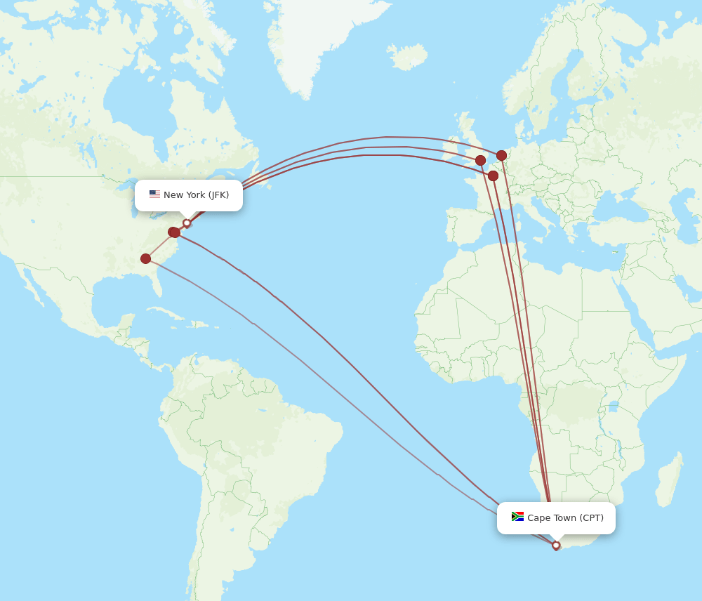 JFK to CPT flights and routes map