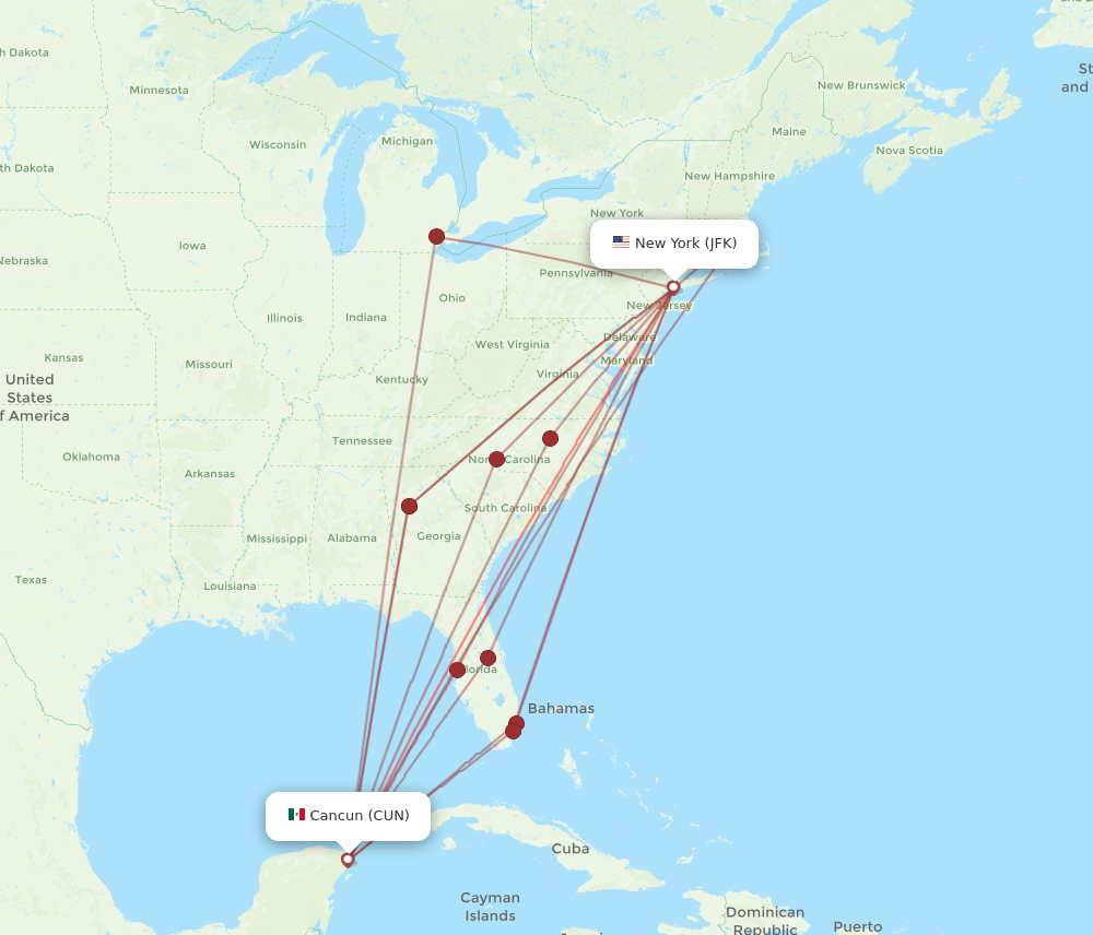 JFK to CUN flights and routes map