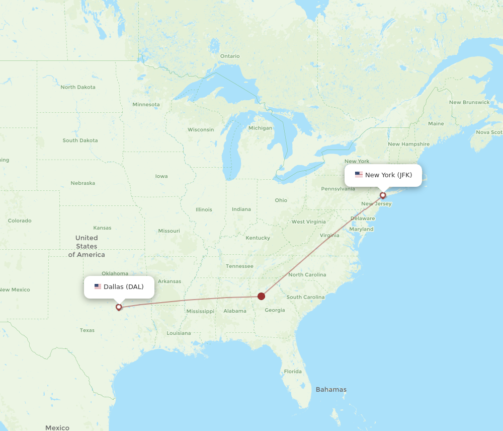 JFK to DAL flights and routes map