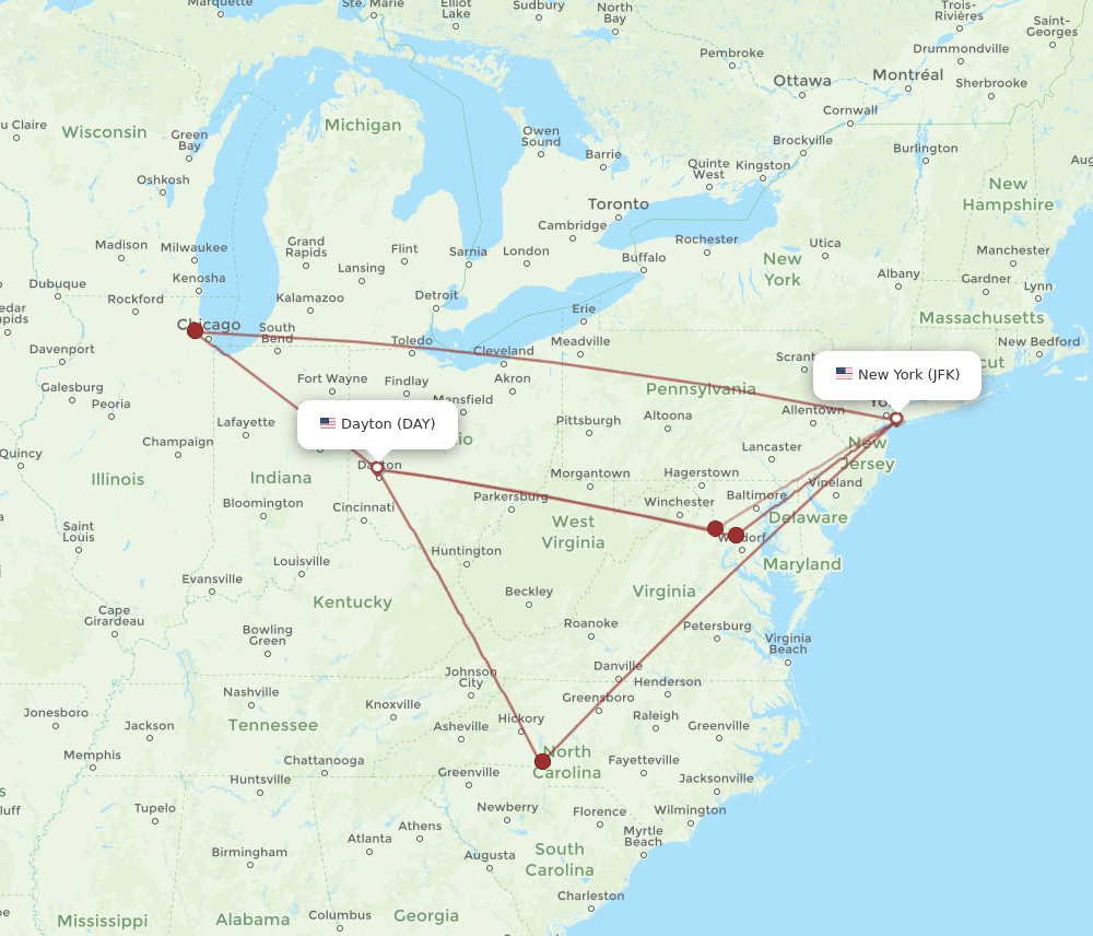 JFK to DAY flights and routes map