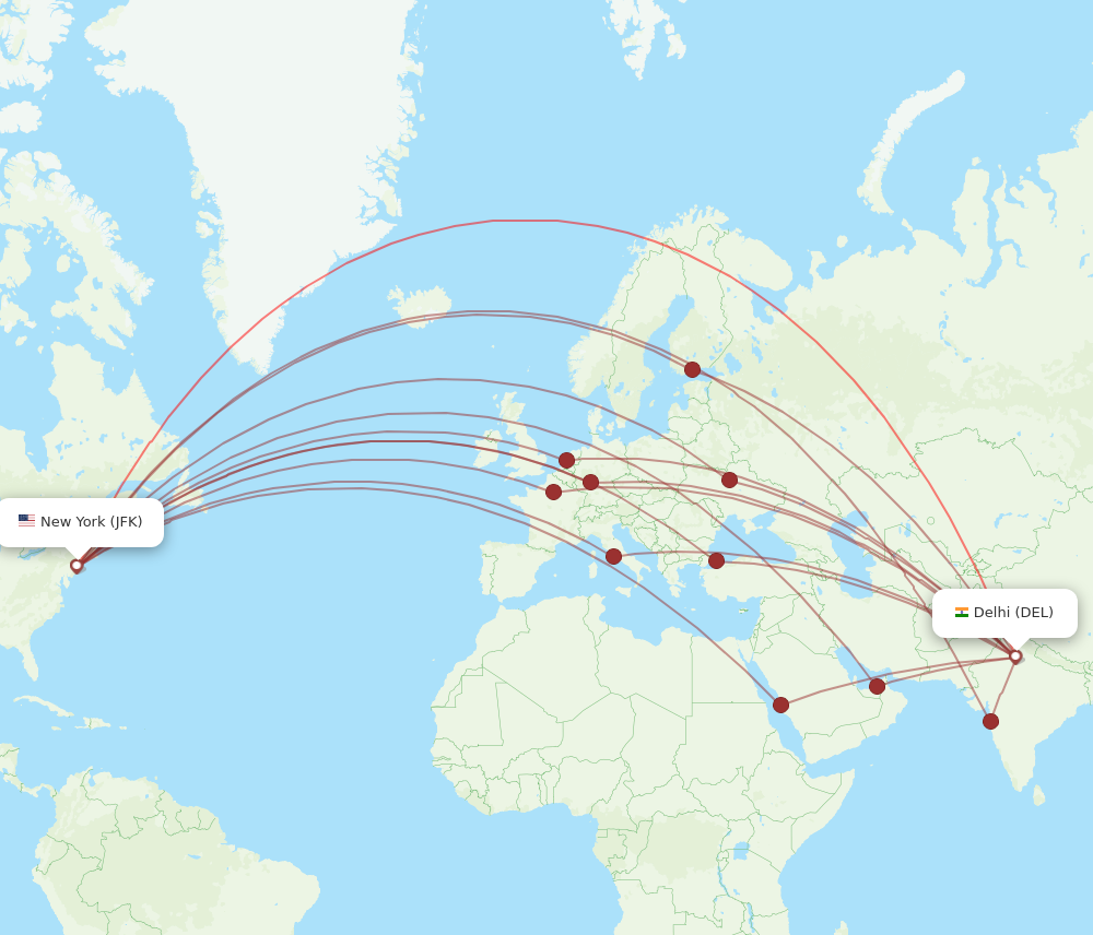 JFK to DEL flights and routes map