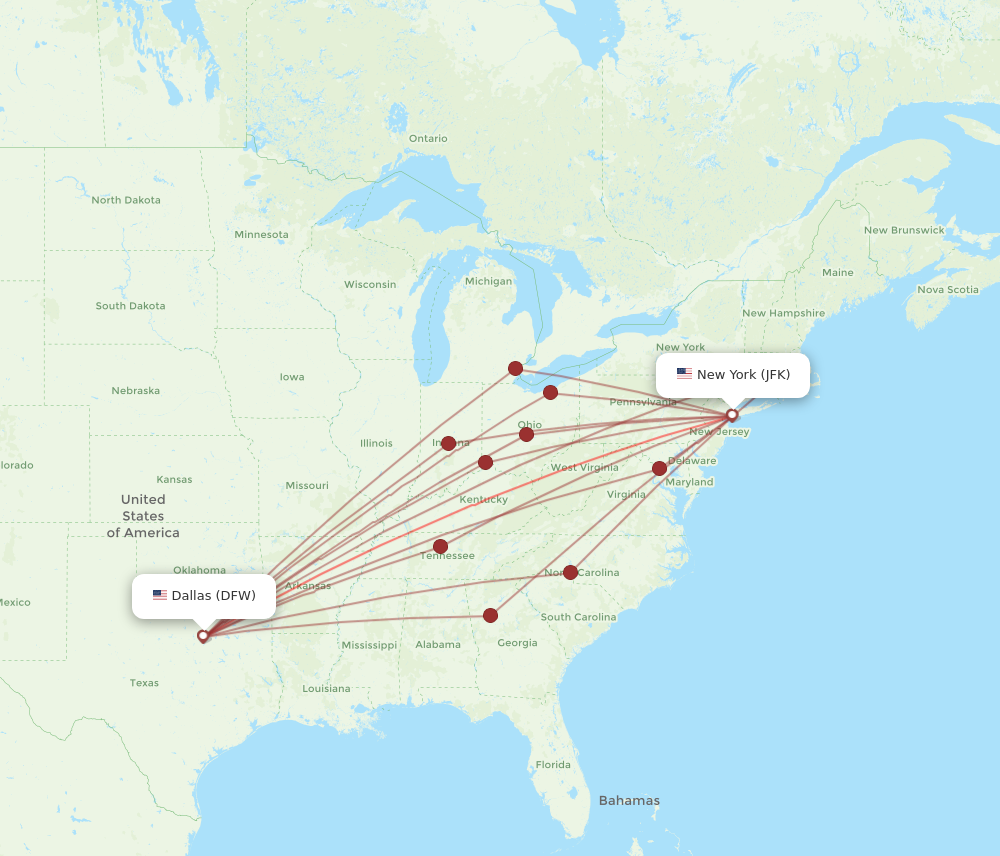 JFK to DFW flights and routes map