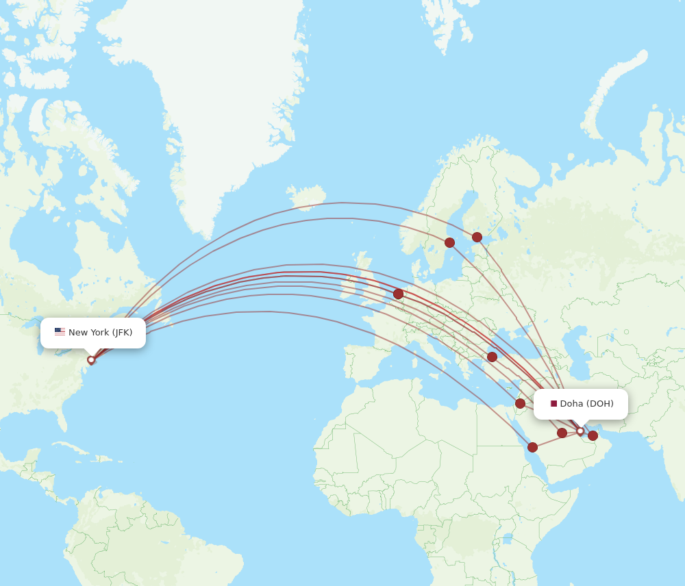 JFK to DOH flights and routes map