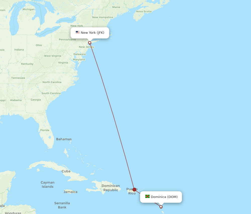 JFK to DOM flights and routes map