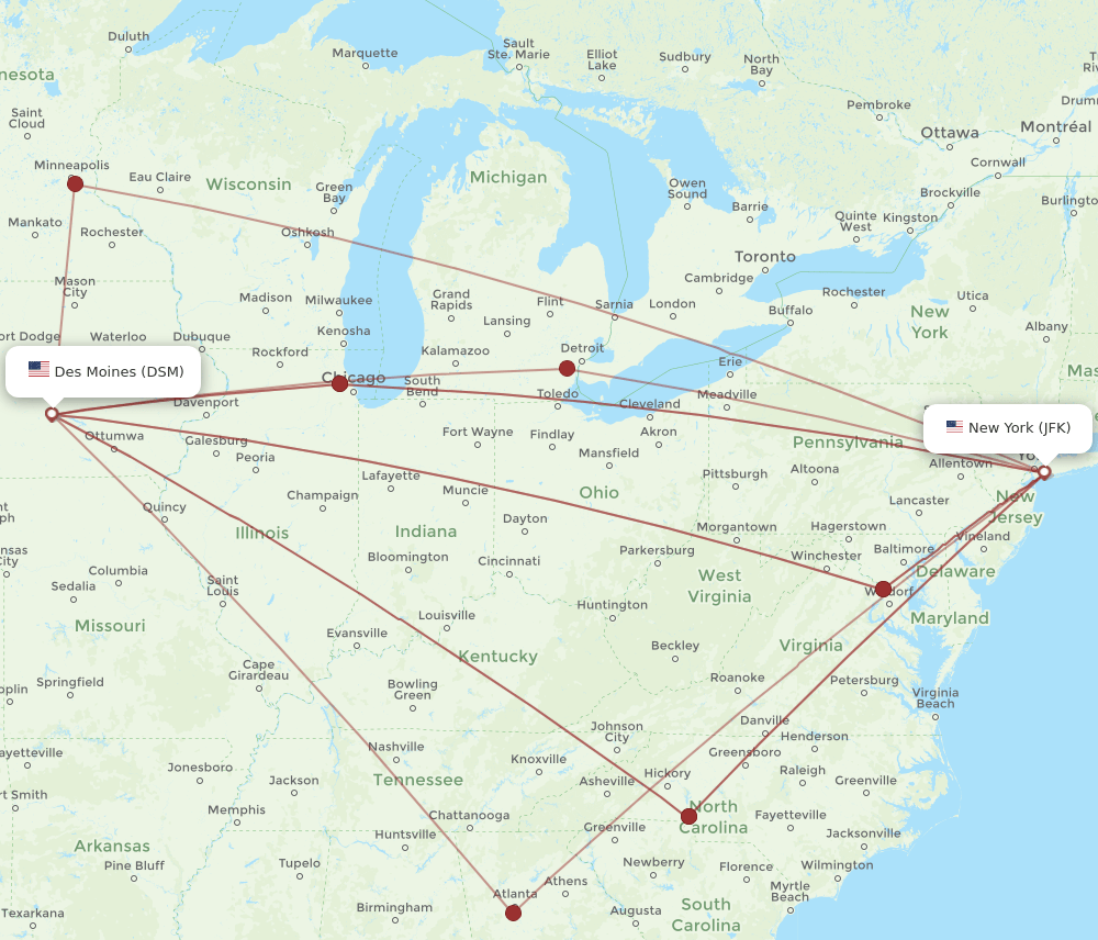 JFK-DSM flight routes