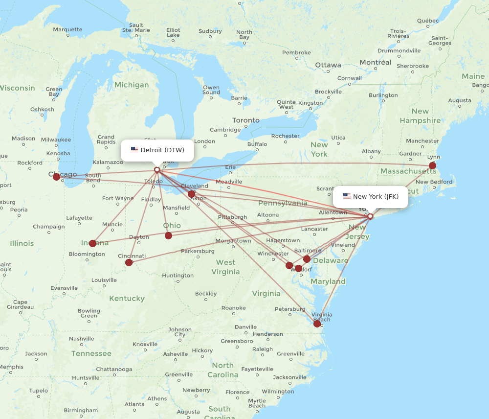 JFK-DTW flight routes