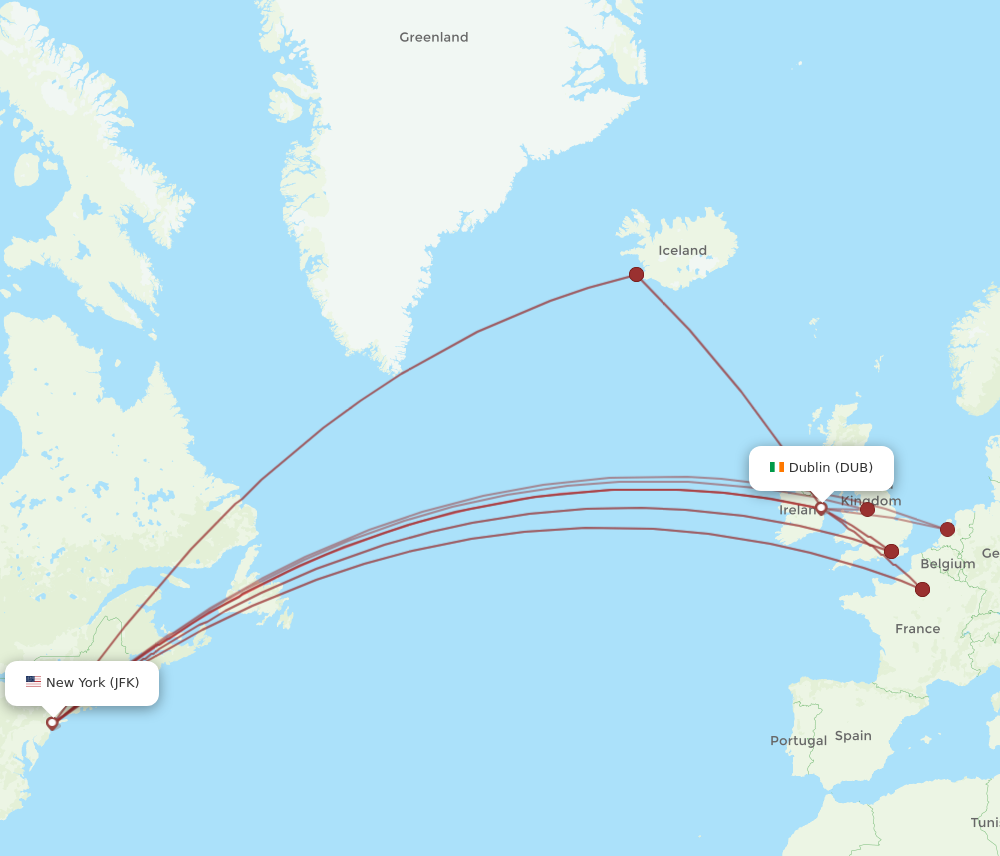 JFK to DUB flights and routes map