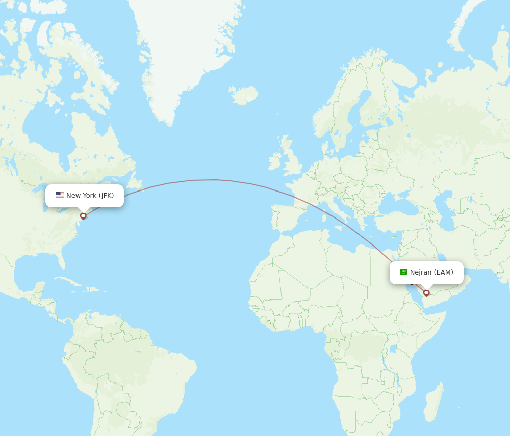 Nejran - New York route map and flight paths