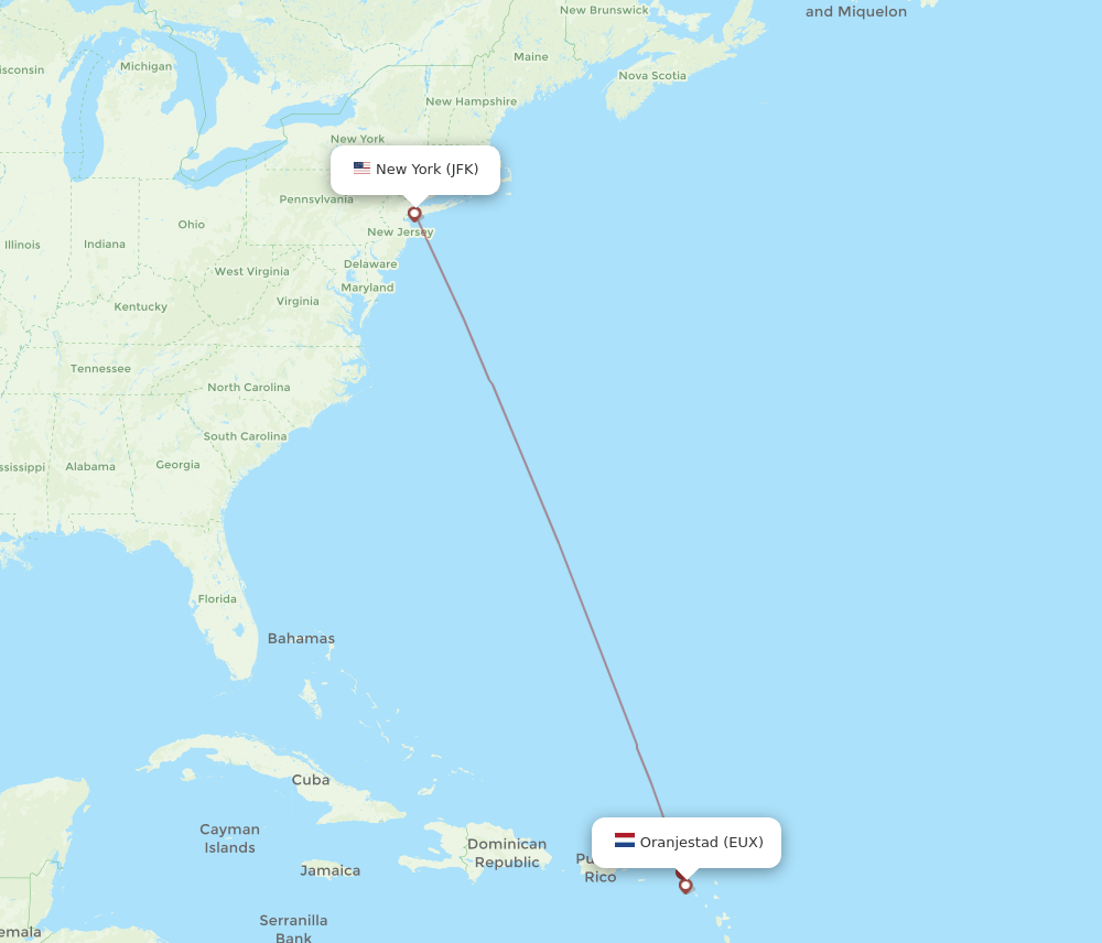 JFK-EUX flight routes