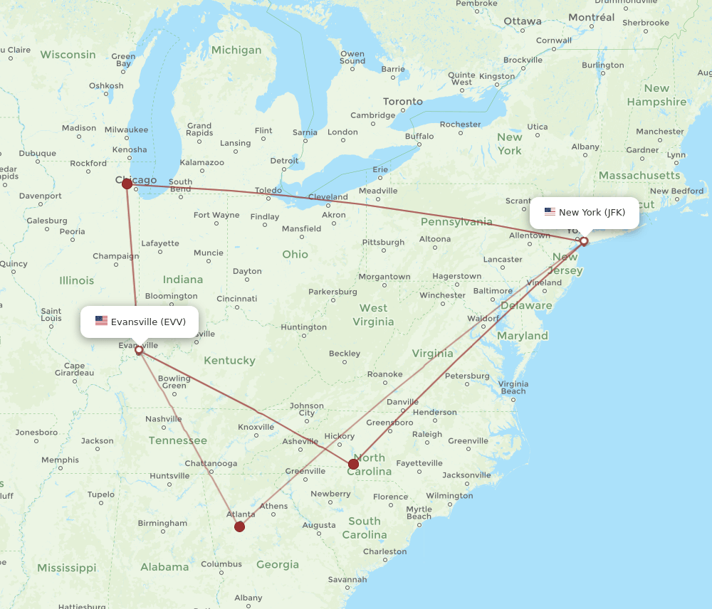 JFK-EVV flight routes