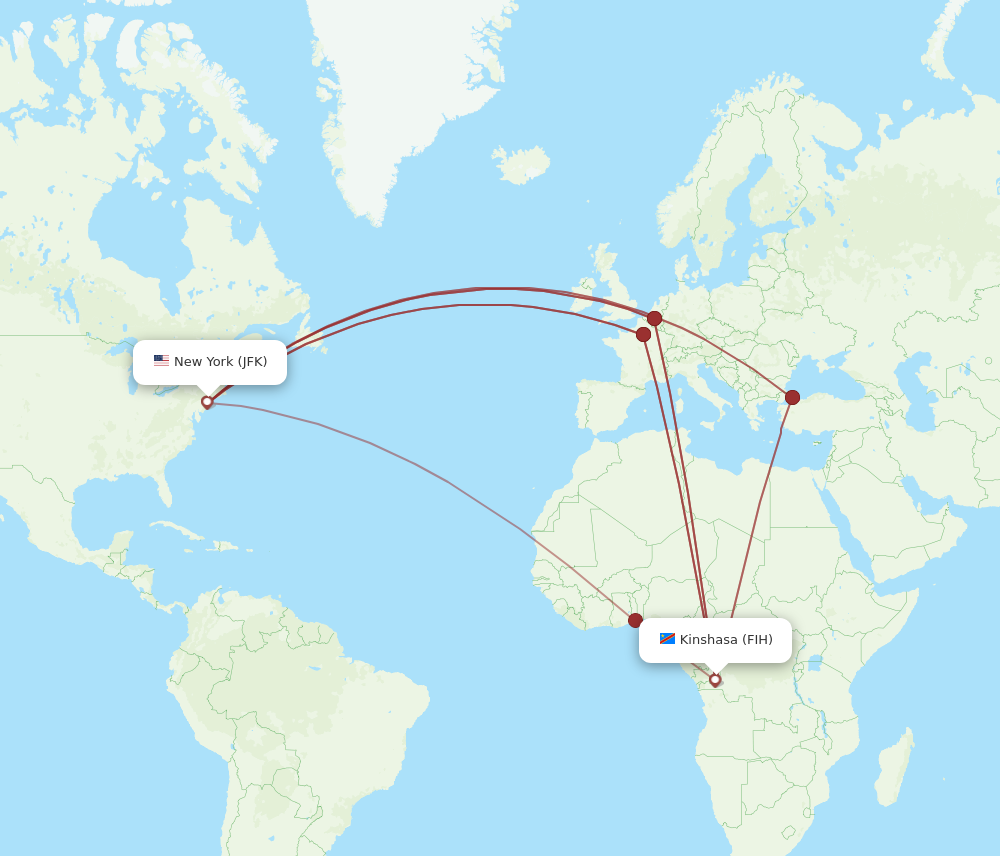 JFK to FIH flights and routes map