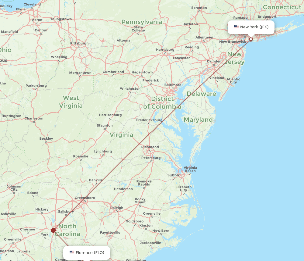 JFK to FLO flights and routes map