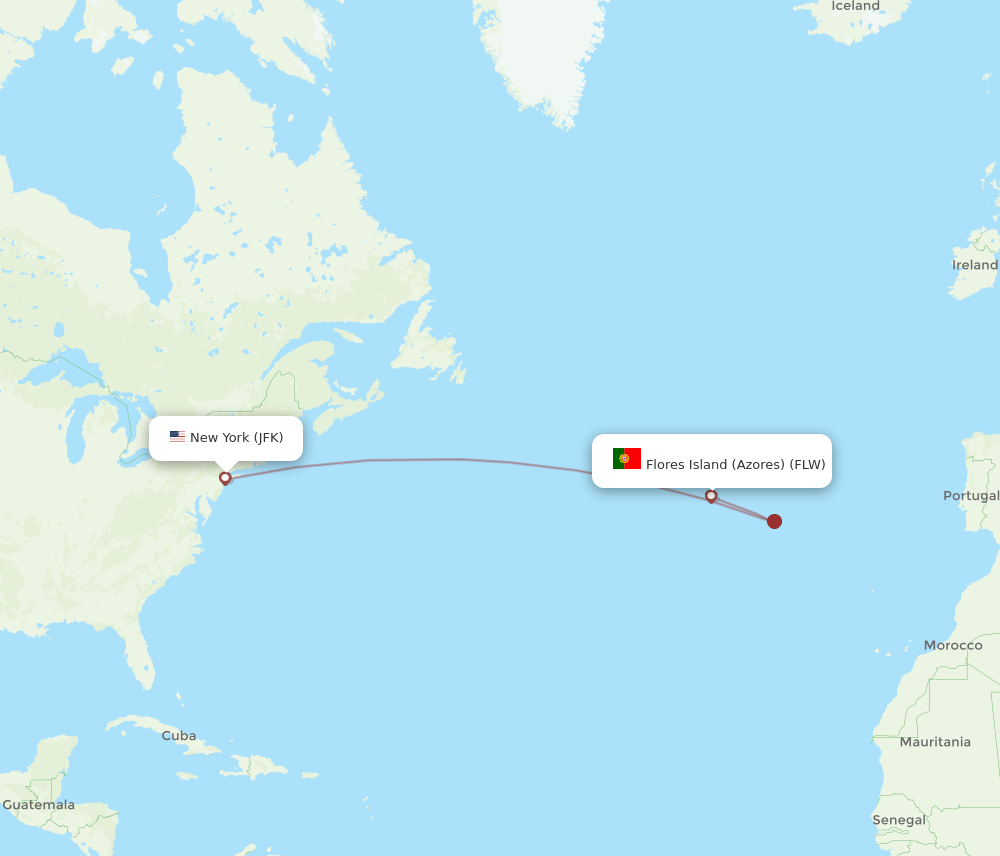 Flores Island (Azores) - New York route map and flight paths