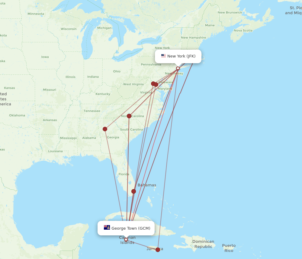 JFK to GCM flights and routes map