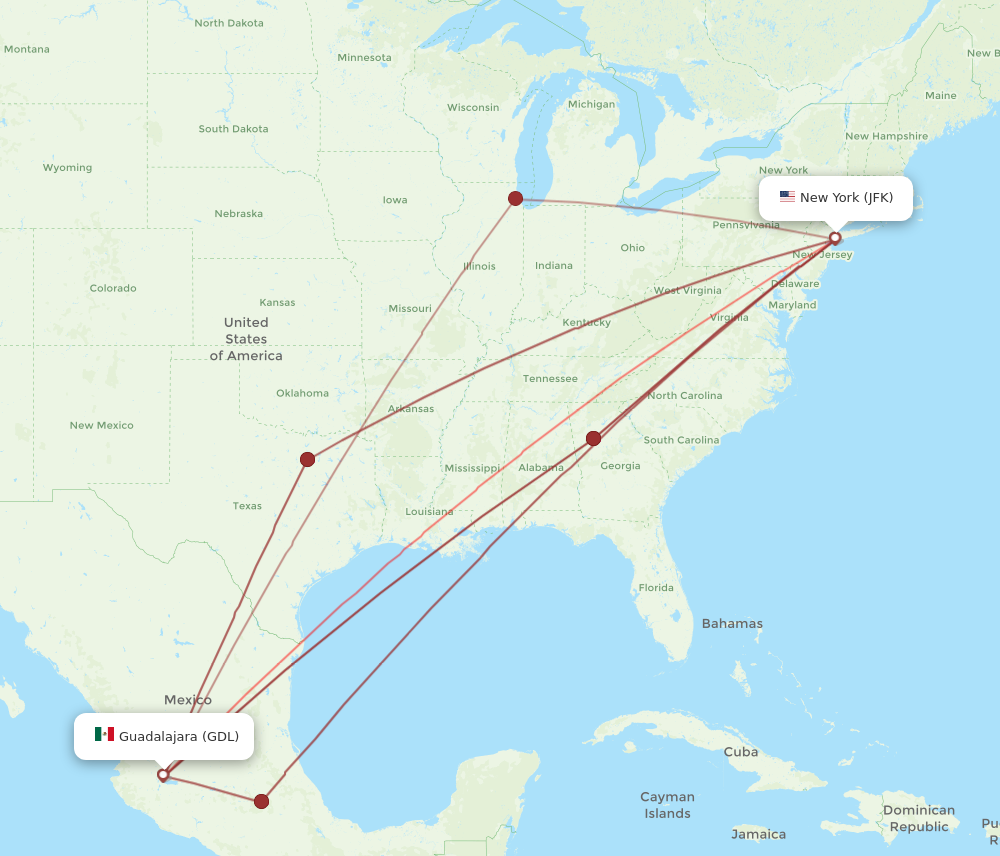 JFK to GDL flights and routes map