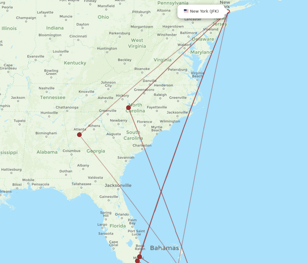JFK to GGT flights and routes map