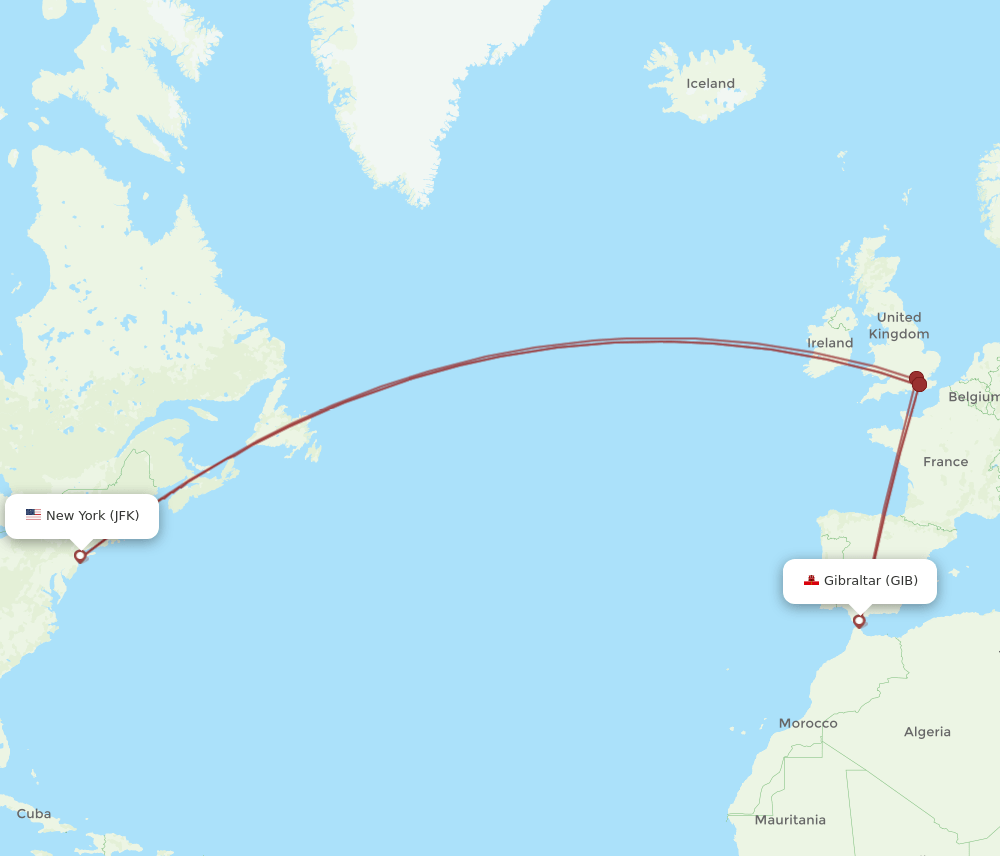 JFK to GIB flights and routes map