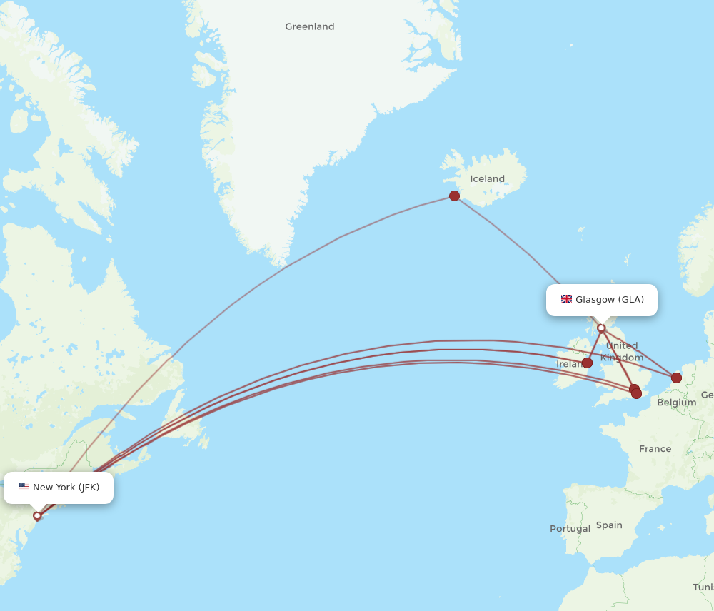 JFK to GLA flights and routes map
