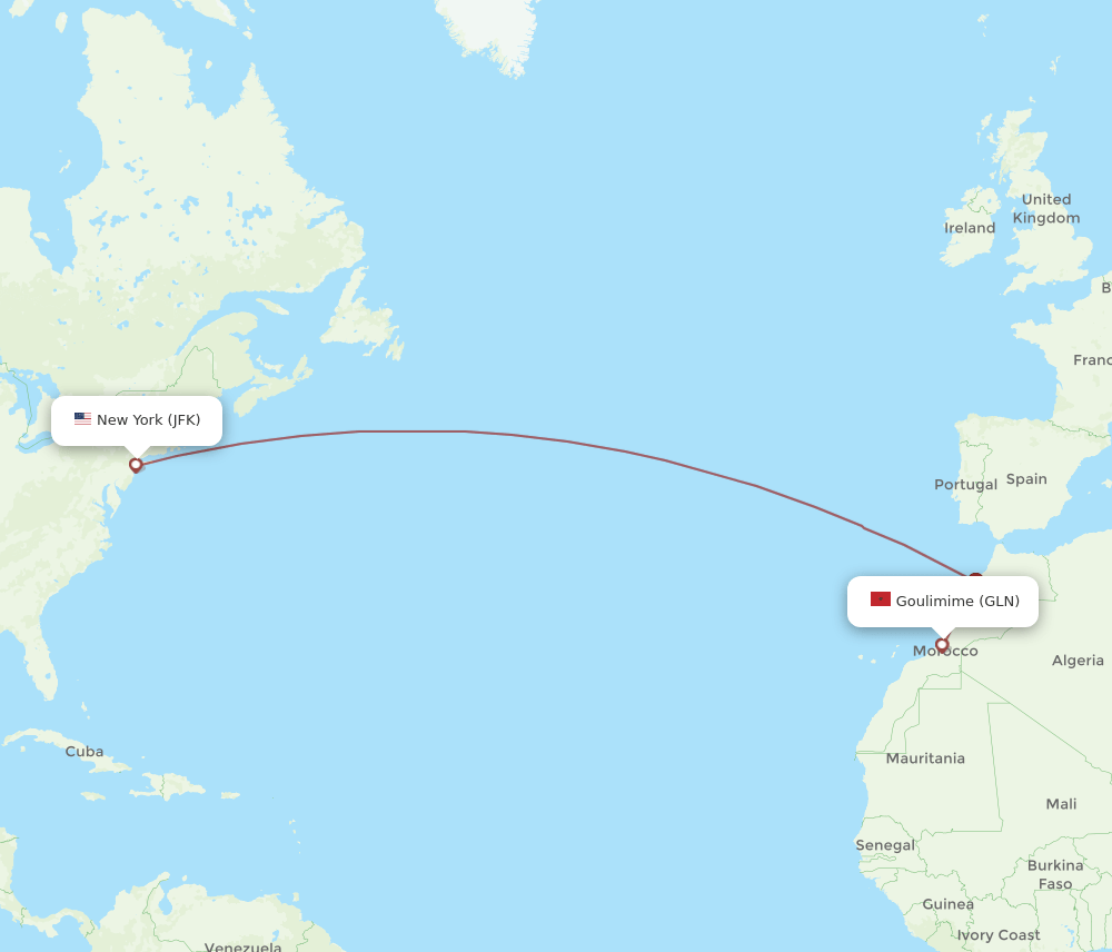 Goulimime - New York route map and flight paths
