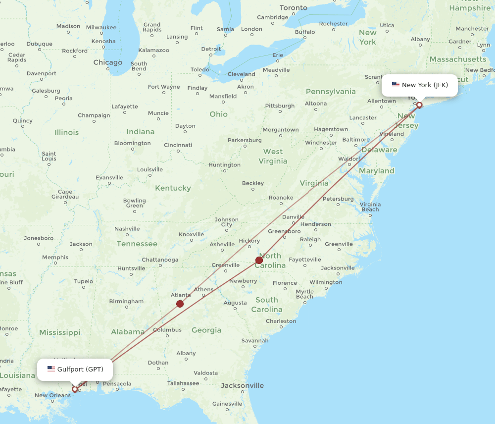 JFK-GPT flight routes