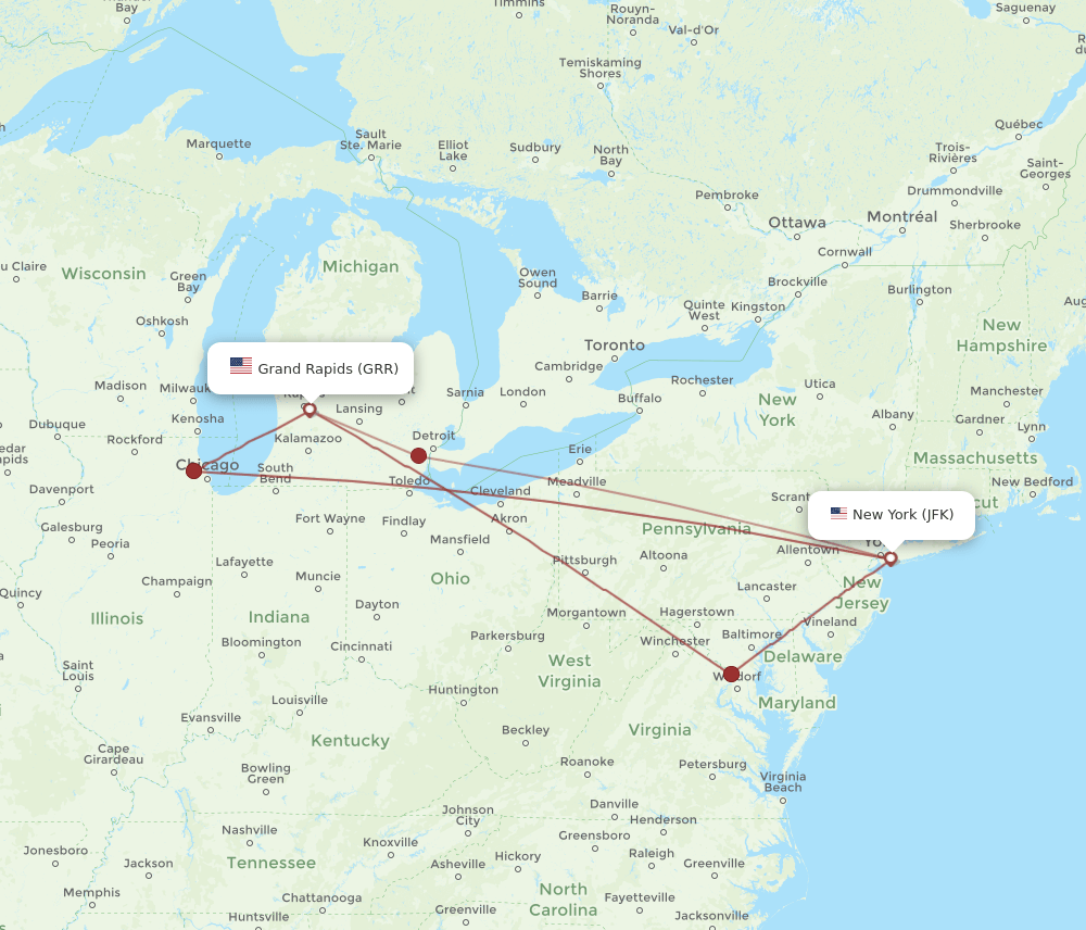 JFK to GRR flights and routes map