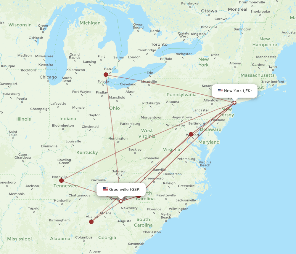 JFK-GSP flight routes