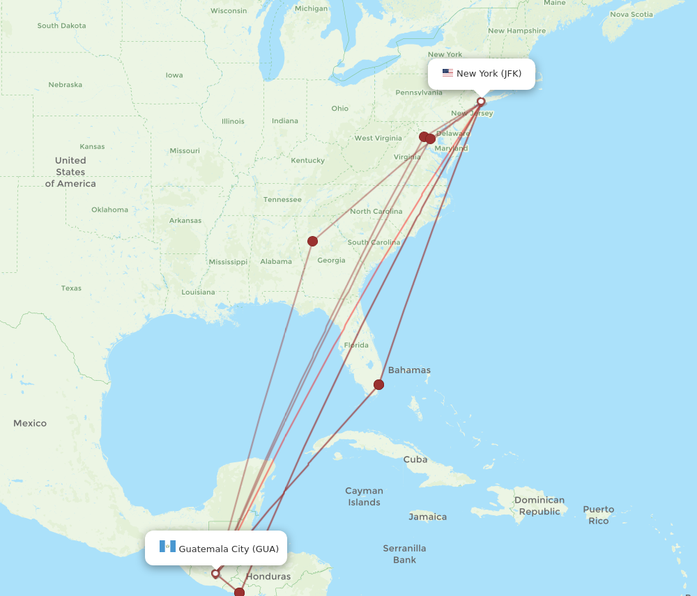 JFK to GUA flights and routes map