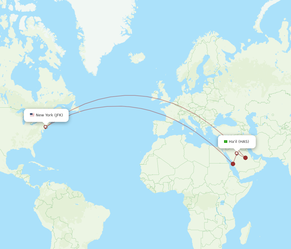 JFK to HAS flights and routes map